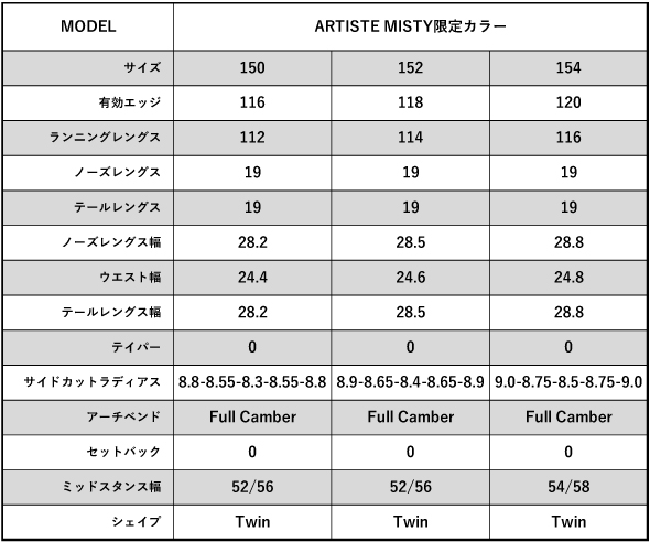 ARTISTE MISTY LTDのサイズスペック